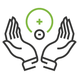 Das Bild zeigt ein Symbol, das zwei ineinandergeschlungene Hände in der Mitte mit einem Plus- und einem Minuszeichen verbindet.